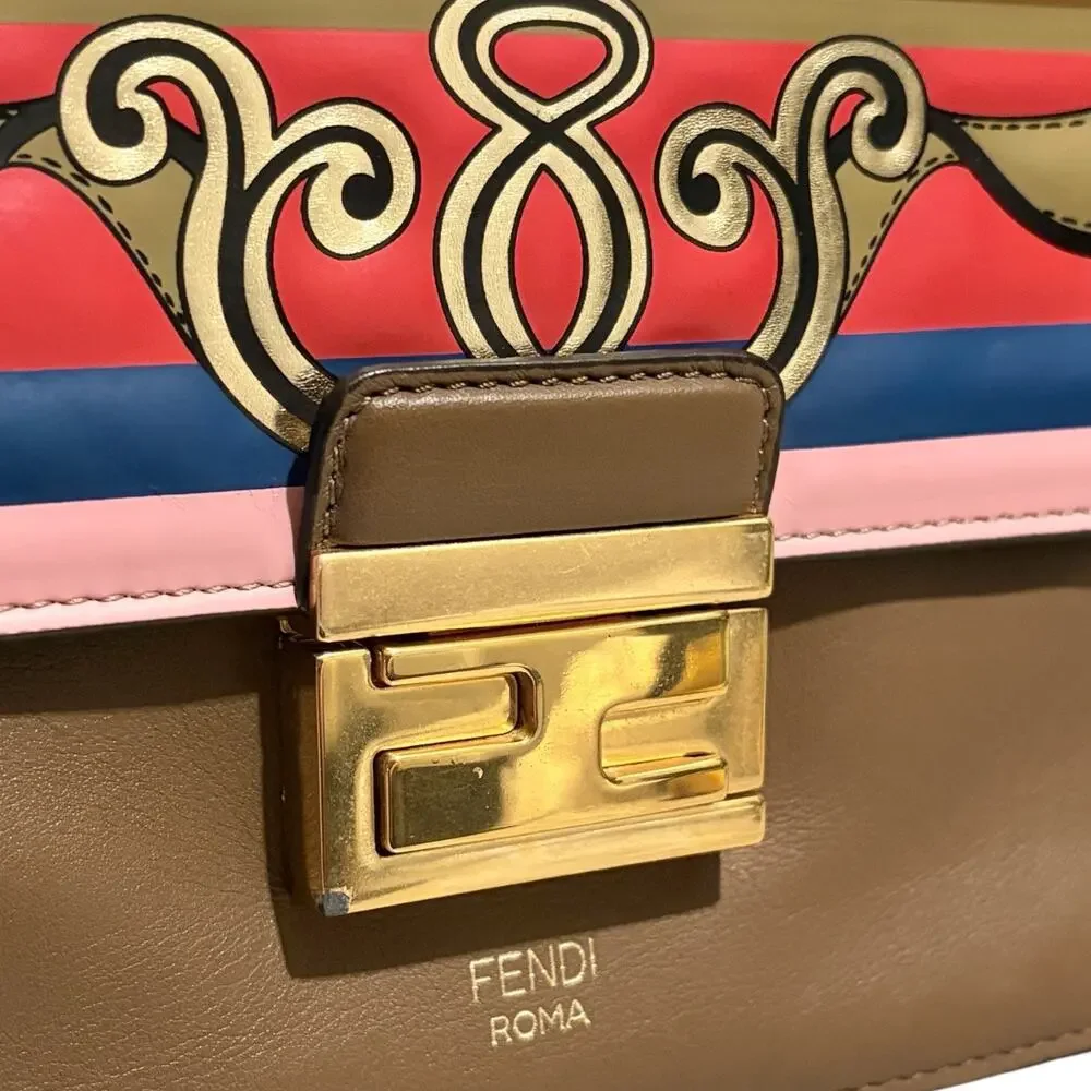 Fendi Kan I Medium FF Logo Print Flap Shoulder Bag Gold Chain Crossbody Khaki